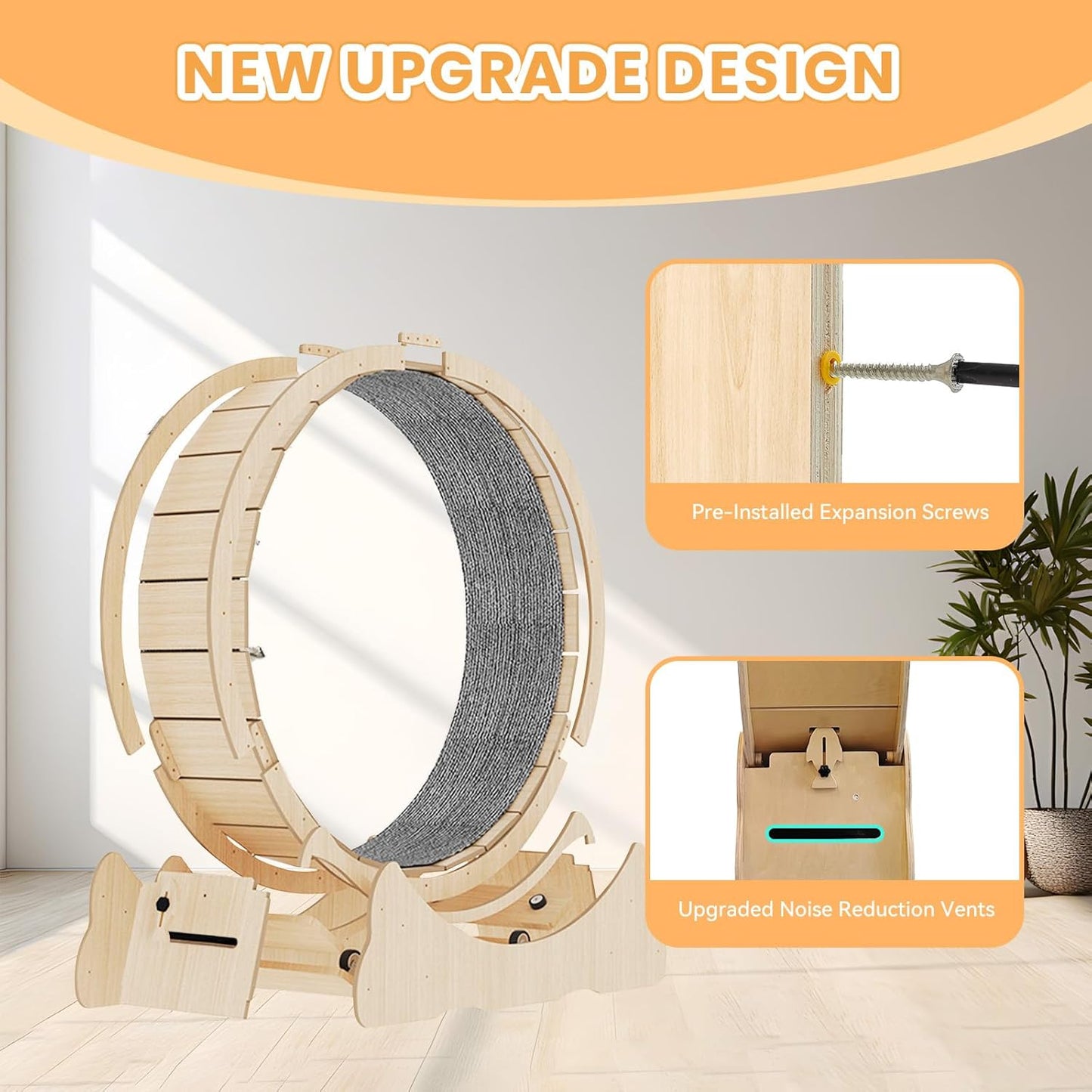 Homegroove 35.4 Inch Cat Exercise Wheels for Indoor Cats, Versatile Cat Toy Running Wheel Treadmill with Detachable Carpet for Weight Loss and Health, Natural Wood Color(M)