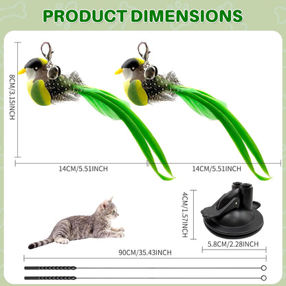 Walfront Cat Toy Interactive Teaser Wand with Green Bird Attachment,Dual-Head Suction Cup Base, Durable Replaceable Feather Lure for Independent Play or Interactive Bonding with Indoor Cats & Kittens