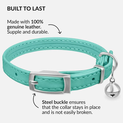CollarDirect Leather Cat Collar with Bell - Kitten Collar, Small and Big Cat Collar for Boy Cats, Girl Cats with Safety Elastic Strap (Neck Fit 8"-11", Mint Green)
