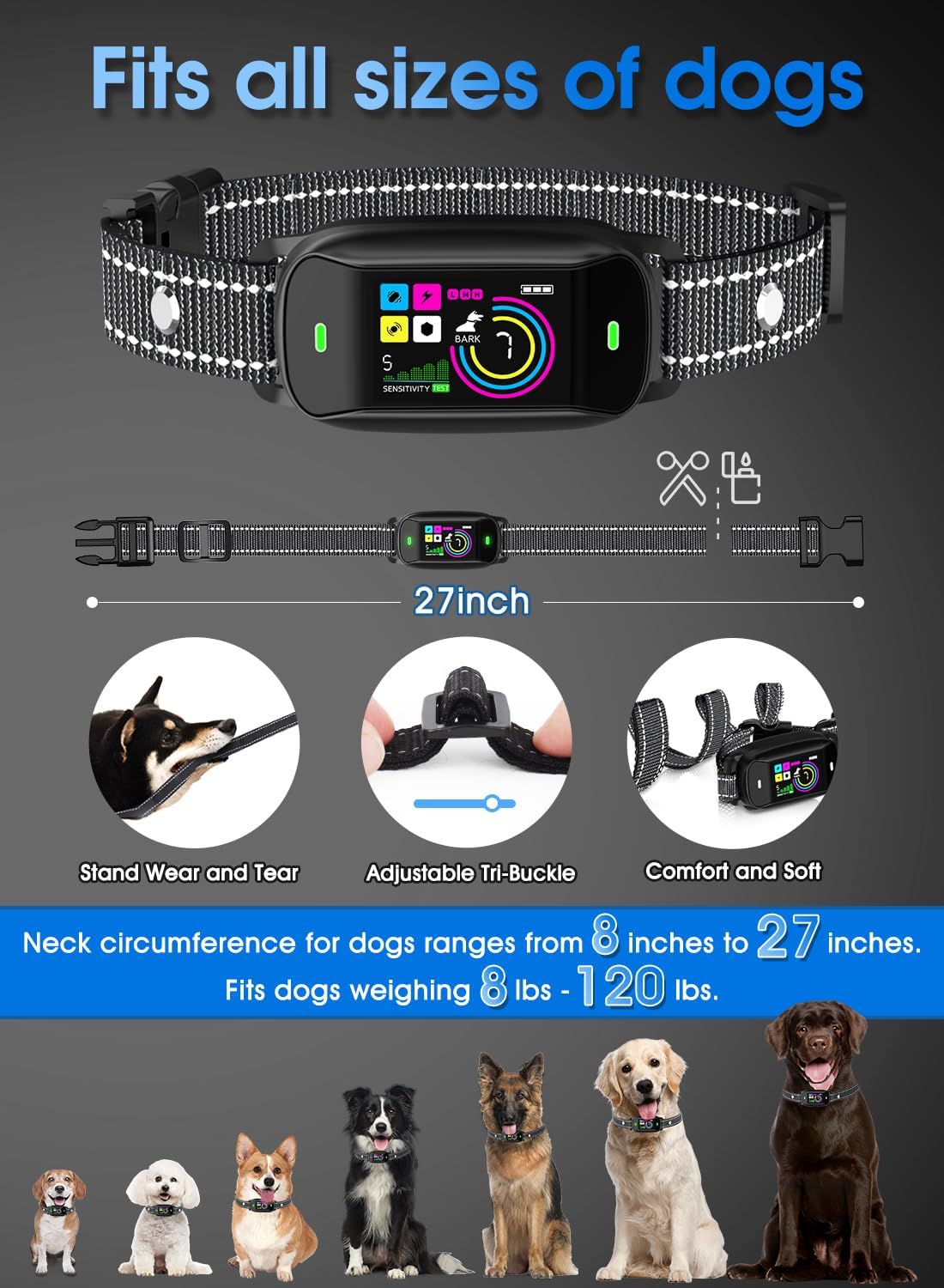 Smart Dog Bark Collar, Anti Barking Training Collar with 4 Training Modes, 5 Adjustable Sensitivity Levels, Waterproof and Magnetic Charging, Smart Bark Collar for Large Medium Small Dogs (Black)