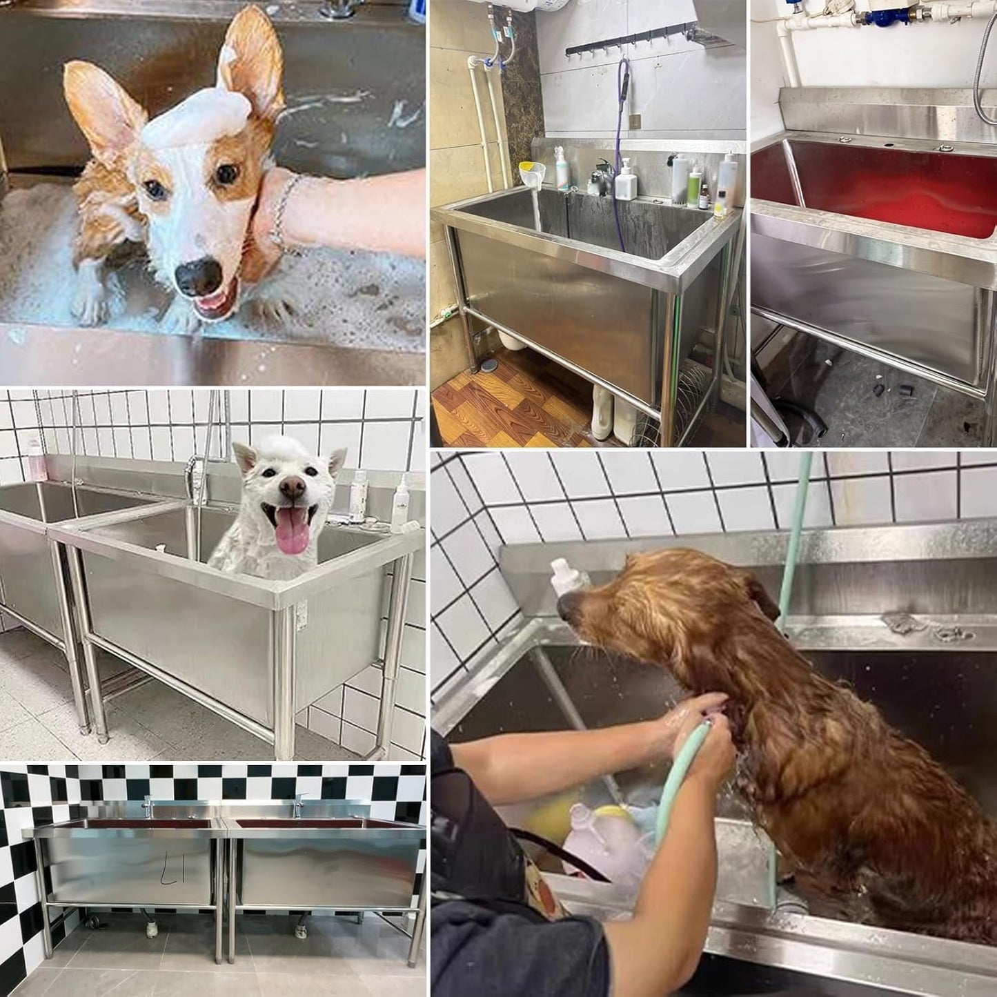 Dog Washing Station for Home with Anti Slip Pad & Dog Leash Ring - Dog Grooming Bath Tub Stainless Steel - Pet Wash Station for Large, Medium & Small Dogs(Large)