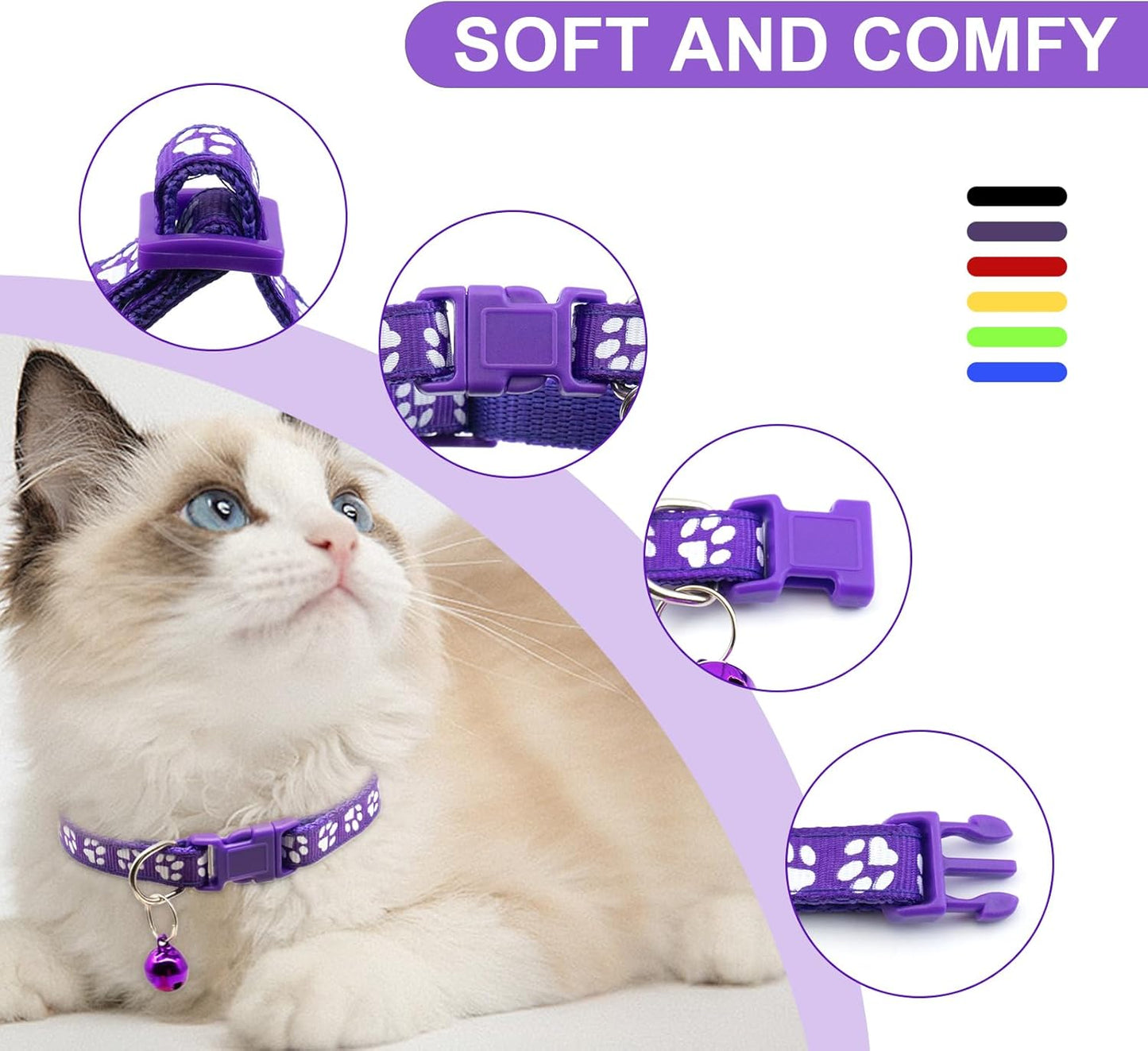 Quacc 6pcs Puppy Collars, Puppy Whelping Collars Colourful Adjustable Dog Collar 19-32CM Paw Print Collar with Bell for Small Dog Cats