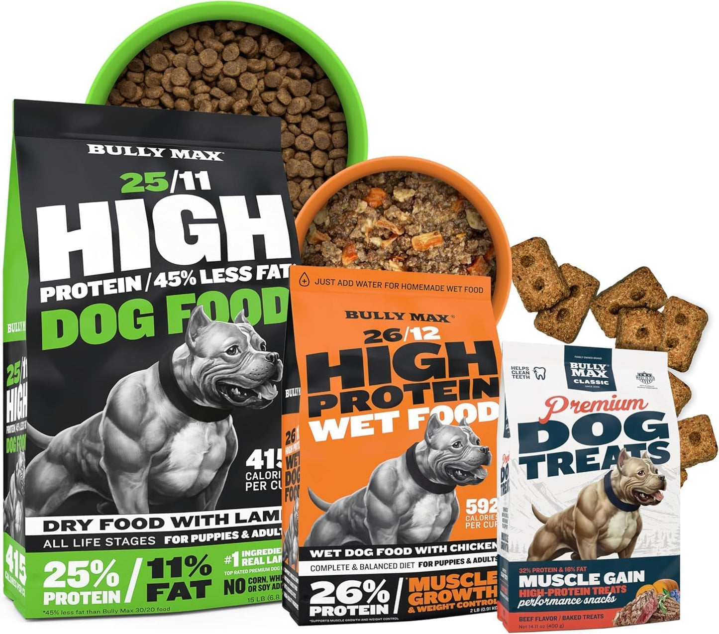 Bully Max Dog Food & Treats Bundle - 25/11 High Protein, Low Fat Dry & 26/12 Wet Dog Food (2 lb.) + Premium Training Treats – Lean Muscle, Healthy Weight Management & Complete Nutrition for All Breeds