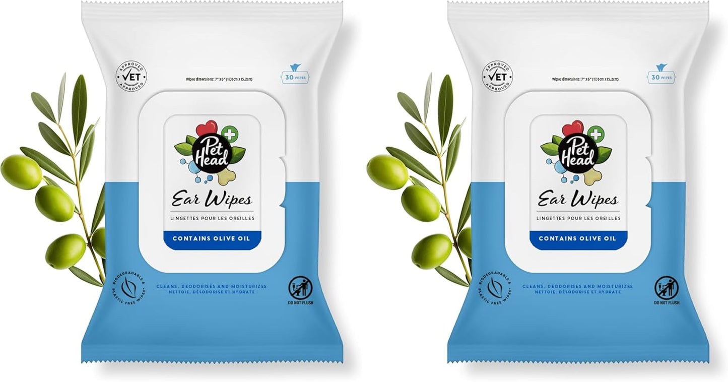 Pet Head Health Ear Wipes for Cats and Dogs | Fragrance-Free | Cleans, Deodorizes and Moisturizes | Removes Dirt, Wax, Discharge, and Debris | Biodegradable and Plant-Based Dog Ear Cleaner | 30 Wipes