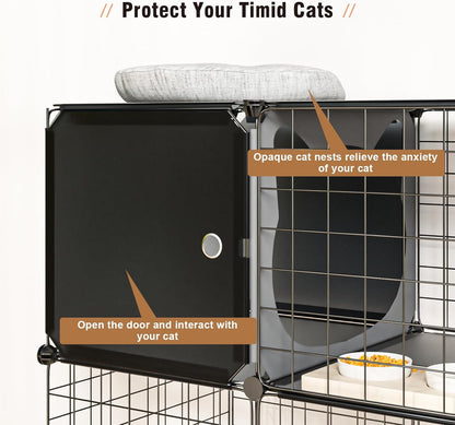 3-Tier Large Cat Enclosure Indoor & Outdoor with Litter Box, Detachable Multifunctional Catio Playpen - DIY Metal Wire Kennel Cage for Cats