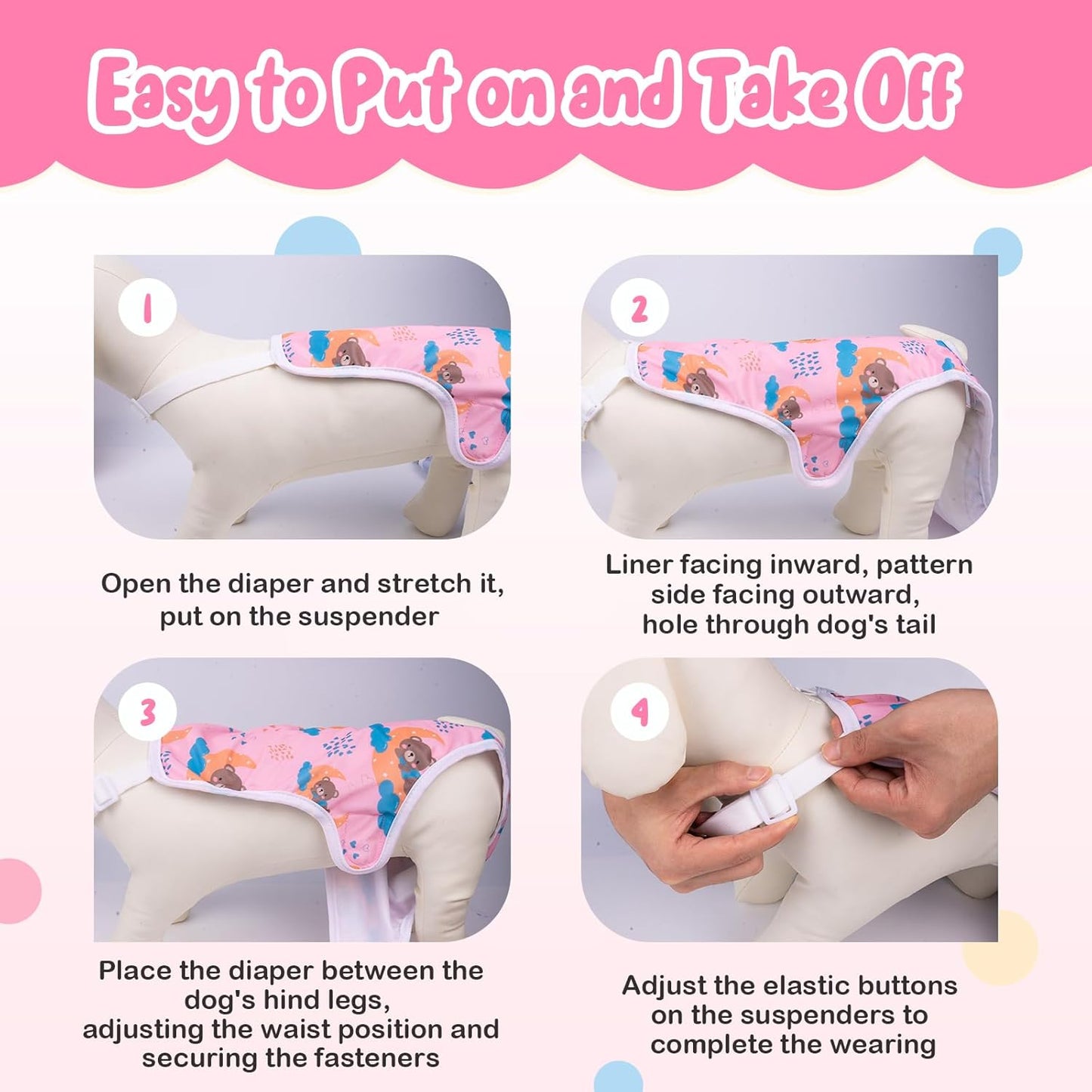 3 Pack Washable Female Dog Diapers with Adjustable Suspender, Reusable Sanitary Panties for Dogs in Heat, Leak-Proof Design for Newborn Dogs(S, Cute Animals)