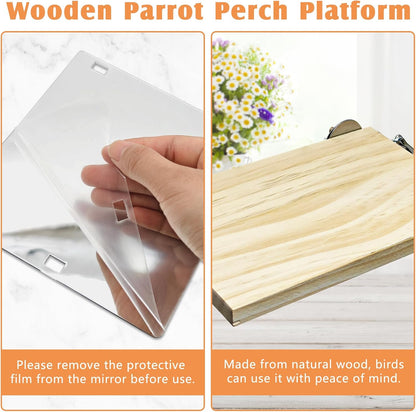 BNOSDM 6in1 Bird Perch Platform Swing Wooden Parakeet Toys with Mirror Playground Climbing Ladder Bird Cage Accessories for Parrot, Budgies, Conures, Finch, Cockatiels, Lovebirds