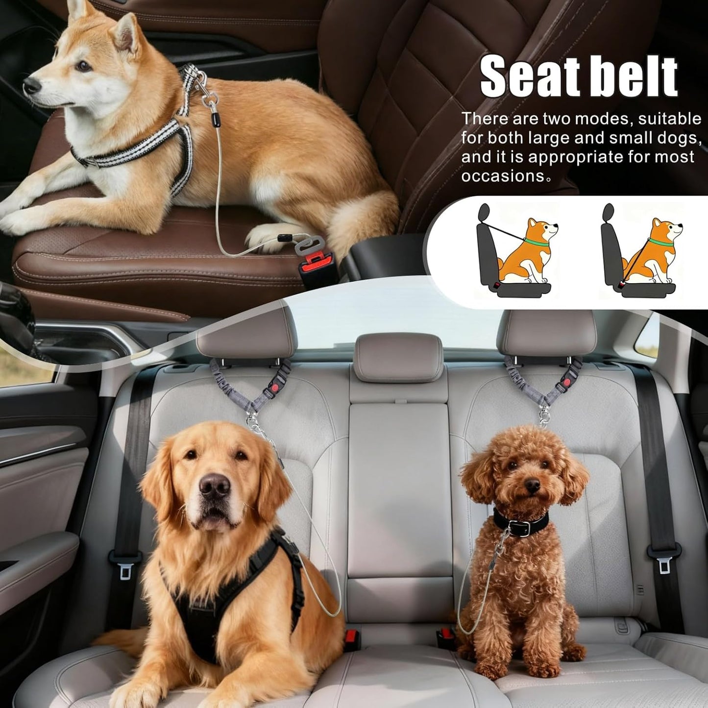 Idepet Dog Seat Belt for Car, 2 Pcs Stainless Steel Chew Proof Dog Seatbelt, 3 in 1 Dog Harness for Car Safety Seat Belt, Heavy Duty Pet Car Seat Belt for Medium & Large Dogs (Grey+Grey)