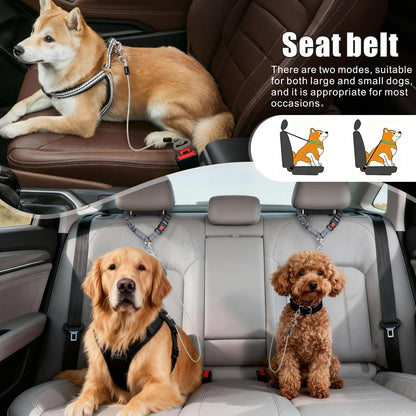 Idepet Dog Seat Belt for Car, 2 Pcs Stainless Steel Chew Proof Dog Seatbelt, 3 in 1 Dog Harness for Car Safety Seat Belt, Heavy Duty Pet Car Seat Belt for Medium & Large Dogs (Grey+Grey)