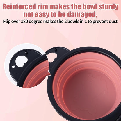 SLSON Collapsible Dog Dual Bowls Reinforced Rim 180 Degrees Flip Over Foldable Double Bowl with Lock Clips More Stable Dog Travel Bowls Pet Food Water Feeder (Light Pink)