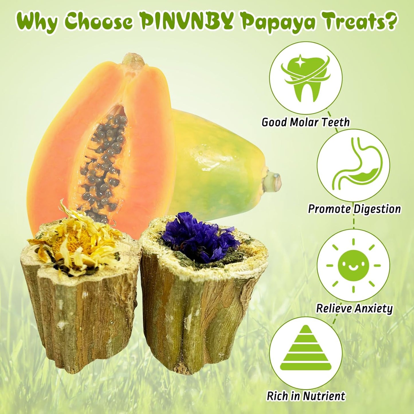 PINVNBY Natural Rabbit Chew Toys Organic Papaya Wood Bunny Treats with Alfalfa Hay and Dried Flower Guniea Pig Molar Snacks for Hamster Chinchilla Gerbil Small Animals Teeth Grinding (7.05 oz/200 g)