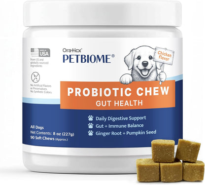 Oraticx PetBiome Probiotic Chew for Dogs - Supports Daily Digestive Health, Gut Balance, and Immune System - with Ginger Root, and Pumpkin Seed - Chicken Flavor, 90 Soft Chews