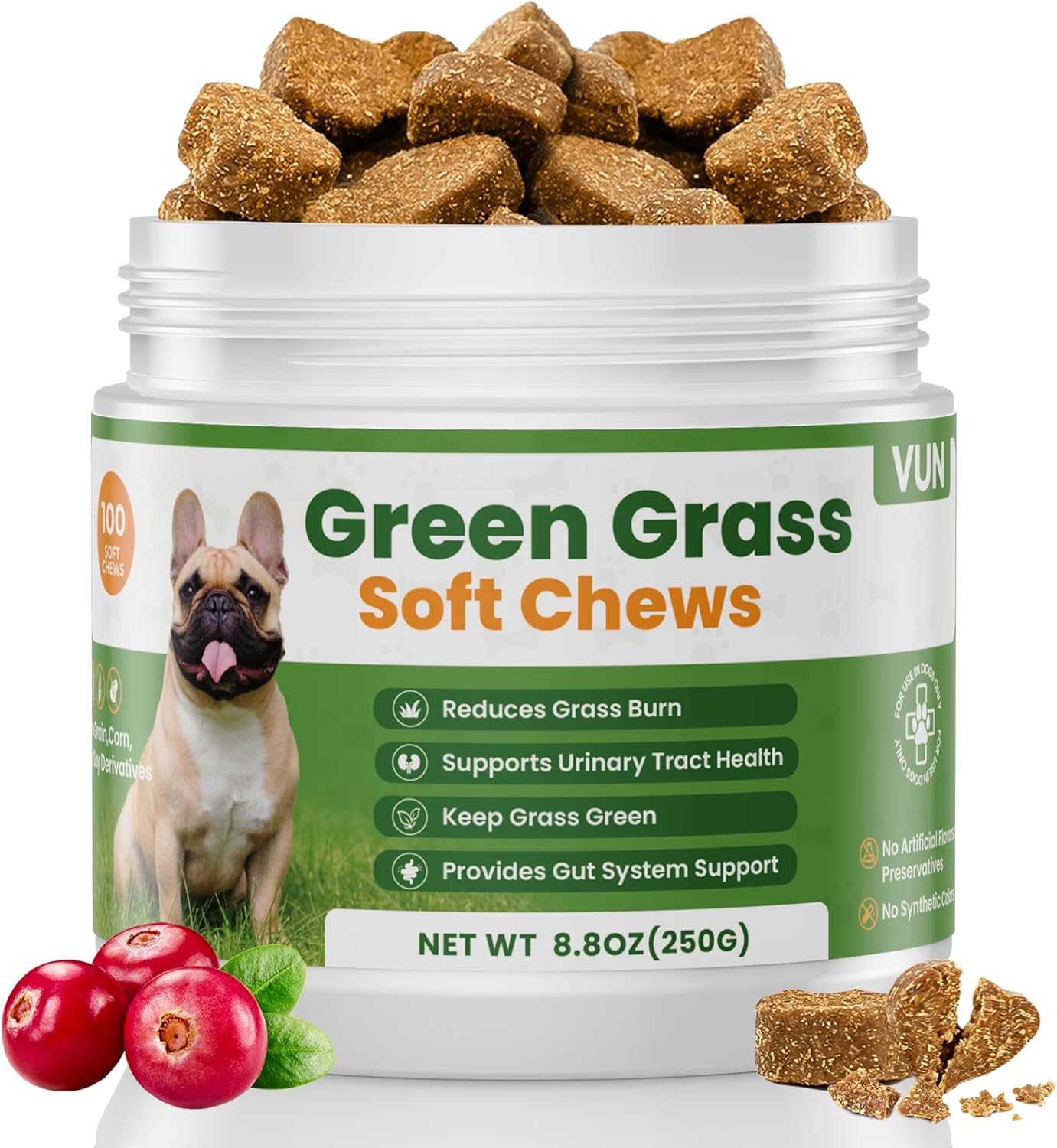 VUN Green Grass Dog Chews,Dog Urine Neutralizer for Lawn,Grass Saver Green Lawn Chews,Yellow Grass Spots&Lawn Burn,Support Urinary&Digestive with DL-Methionine,Cranberry&Probiotics-100 Soft Chews