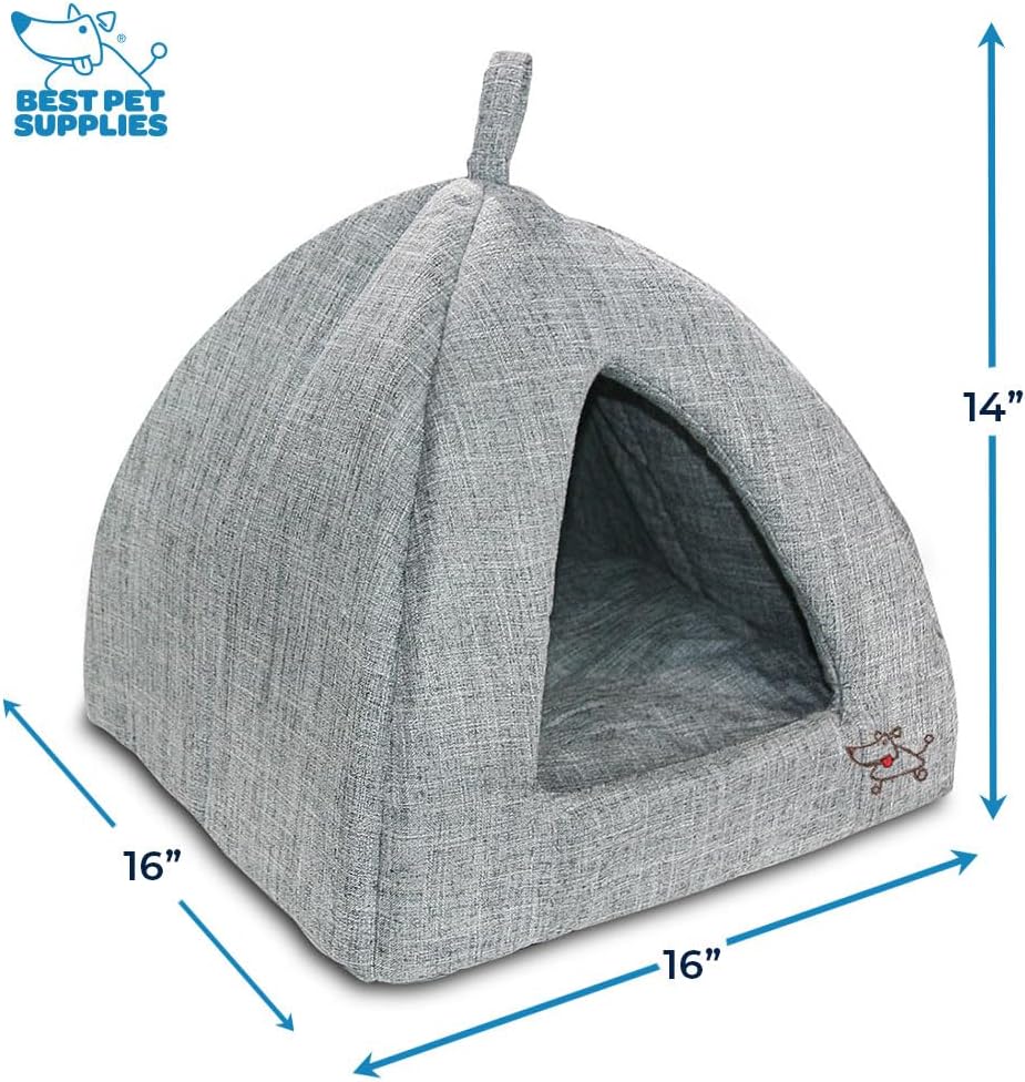 Best Pet Supplies Cat Bed for Indoor Cat, Domed Tent House with Removable Pillow, Covered Cat Cave for Small Dog, Puppies and All Breeds of Cats - Gray Linen, 16 x 16 x H:14"