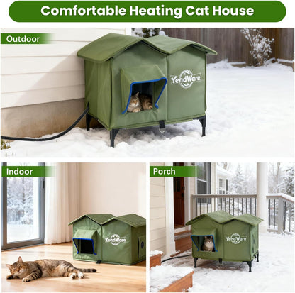 Outdoor Cat House Heated Cat House for Outside with Elevated Base Cat-Attracting Eave Design Feral Stray Shelter Weatherproof in Winter Garage Yard Porch