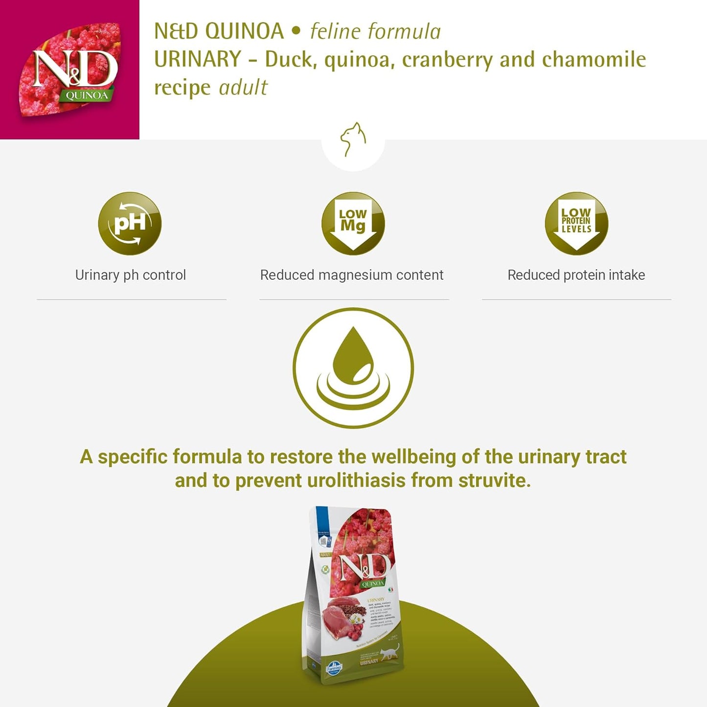 Farmina N&D, Quinoa Urinary Duck Formula Adult Dry Cat Food, 3.3lb