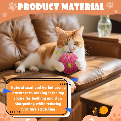 3.94 inch Rose Red Sisal Cat Ball Toy, Interactive Natural Cat Scratching Ball, Perfect Scratcher for Cats' Exercise and Fun