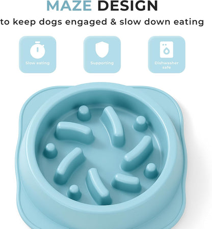 Slow Feeder Dog Bowl – 2 Cups, Non-Slip, Food-Safe Plastic, Easy-Clean Design for Medium & Large Dogs (Blue)
