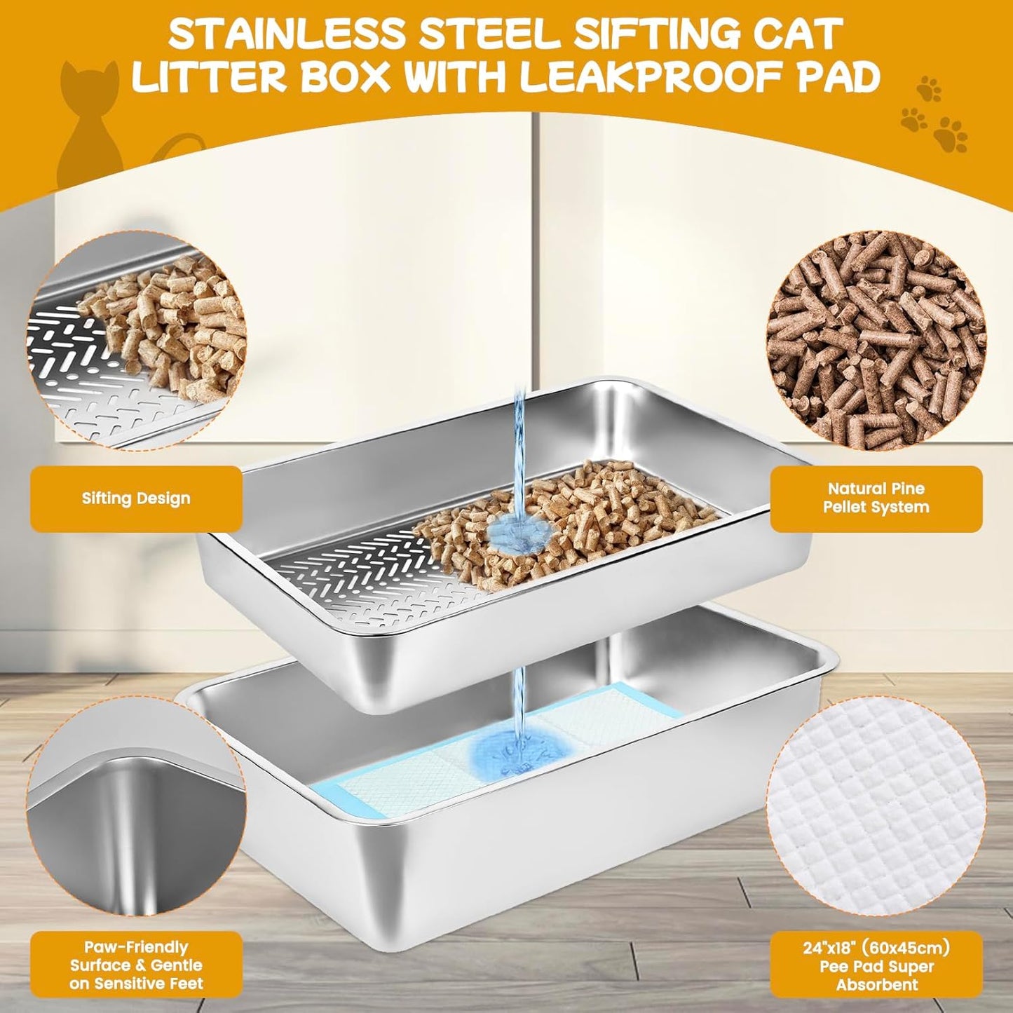 23.6''x15.7''x6'' Stainless Steel Sifting Litter Box, XL Large Metal Sifting Cat Litter Box for Pine Pellets, Litter Pan Tray System for Indoor Cats with Scoop and Pee Pad, Easy to Clean(6 Inch)