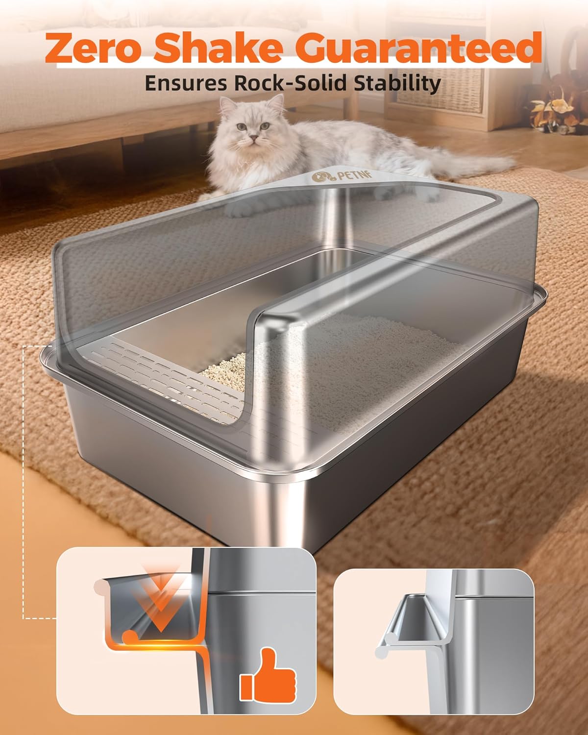 PETNF All Stainless Steel Cat Litter Box, High Sided Large Metal Litter Box - Leak-Proof, Anti-Litter Tracking, Easy Clean for Big Cats, Multi-Cat Households, 24" L x 18" W x 12" H (1 Pack)