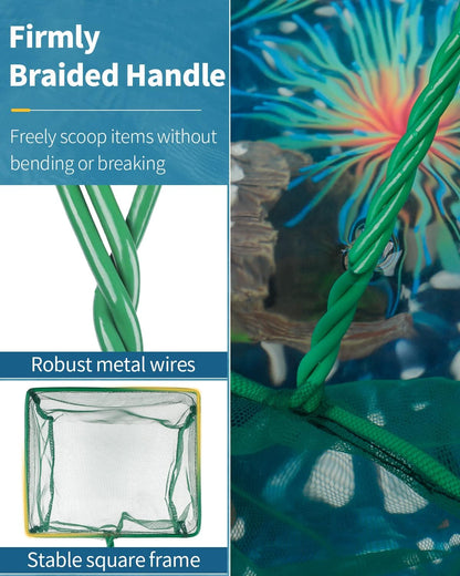 Pawfly Aquarium Fish Net with Braided Metal Handle Square Net with Soft Fine Mesh Sludge Food Residue Wastes Skimming Cleaning Net for Fish Tanks Small Koi Ponds and Pools
