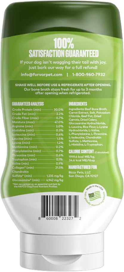 Furvor Beef Mobility Support Bone Broth Concentrate for Dogs - Collagen Protein Supplement - Boosted w/Amino Acids, Glucosamine, and Chondroitin - Dog Food Topper - Human Grade (16 oz, 30 Servings)