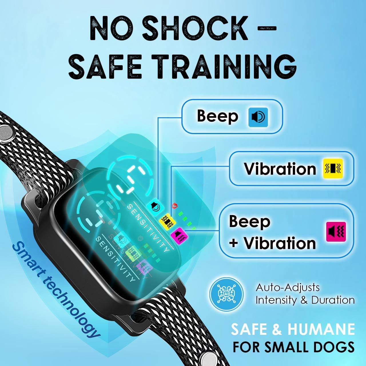Bark Collar for Small Dogs 5-15 lbs – No Shock Anti Barking Collar with AI Chip – 3 Modes & 5 Sensitivity Levels – Waterproof, Rechargeable, Magnetic Charging – Humane, Effective Training (Black)