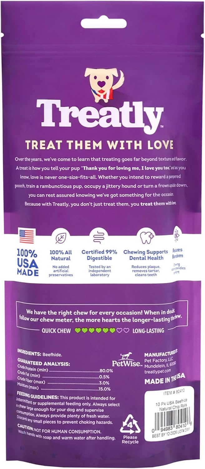 USA Beefhide Chip Rolls 10-11" Dog Chew Treats - Natural Flavor, 10 Count/2 Pack