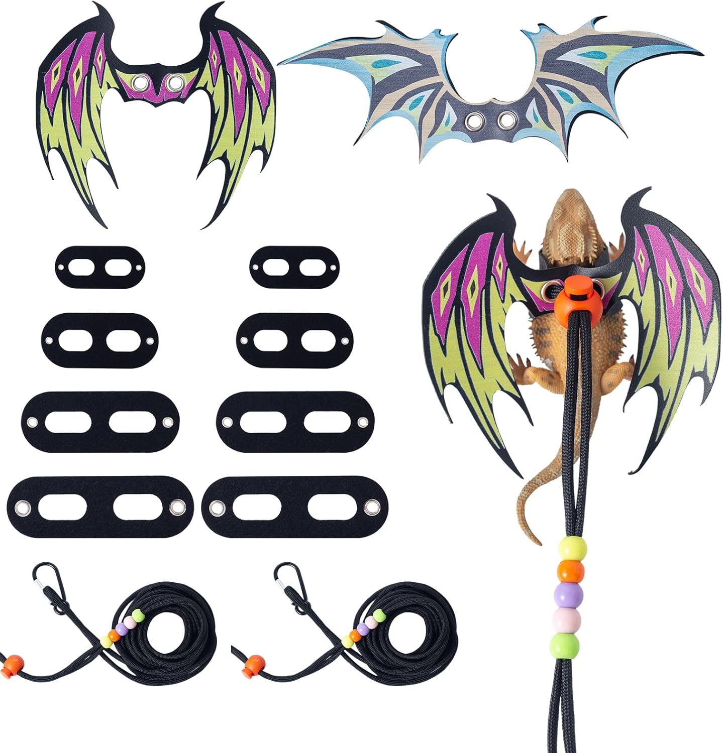 COMSUN 2 Pack Bearded Dragon Lizard Harness Leash Set, Adjustable Reptile Lizard Leashes with Colorful Soft Leather Dinosaur Wing for Geckos, Chameleon, Lizards