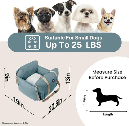 Small Dog Car Seat with Safety Leash - Up to 25lbs, Waterproof Travel Bed with Detachable Cover and Pockets - Easy Installation - Blue