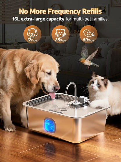 4.2Gal Dog Water Fountain for Large Dogs, 16L Stainless Steel Large Dog Fountain Water Bowl with Deeper & Wider Drinking Tray, Automatic Pet Water Dispenser with Visible Window for Multi-Pets Families