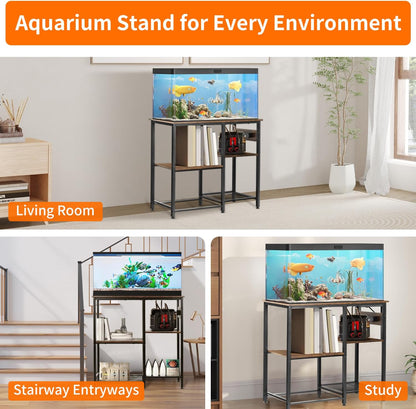20-29-37 Gallon Fish Tank Stand with 3 Power Outlet 2 USB Port, Metal Aquarium Stand with 4-Tier Adjustable Storage Shelves, 30''L* 13''W*30''H Reptile Tank Stand, Fish Tank Table