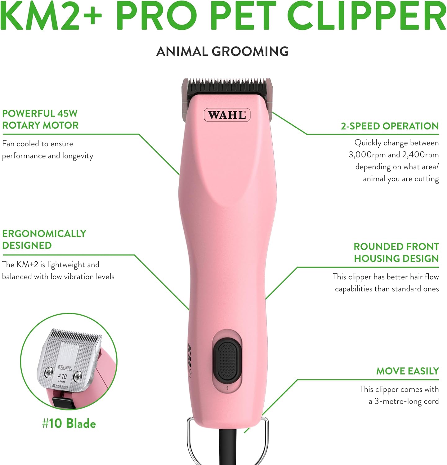 Wahl Pro Animal KM2+ Corded Clipper - Pet Clippers for Cats, Dogs & Horses - Premium Grooming Tools - 2 Speeds & 14-Foot Cord - Pink