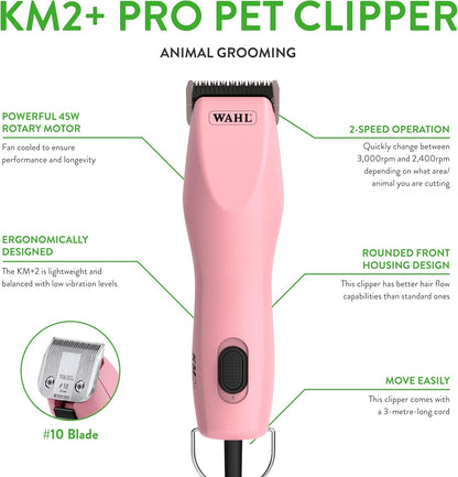 Wahl Pro Animal KM2+ Corded Clipper - Pet Clippers for Cats, Dogs & Horses - Premium Grooming Tools - 2 Speeds & 14-Foot Cord - Pink