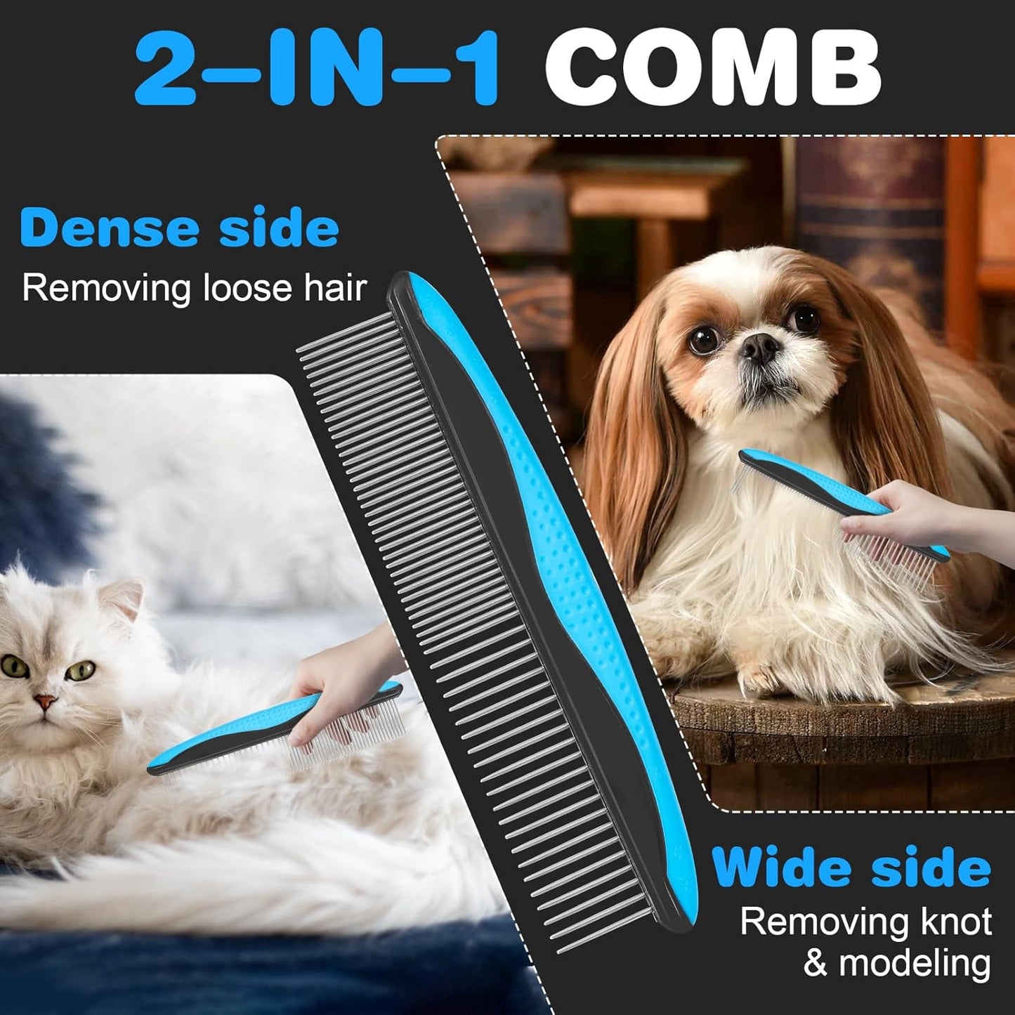 2-in-1 Pet Grooming Kit-Double-Sided Dematting Comb & Flea Comb for Detangling Matted Fur on Dogs/Cats/Rabbits-Effective Cat Brush & Dog Brush for Shedding（Blue