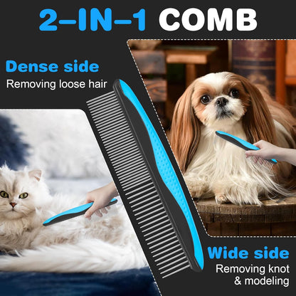 2-in-1 Pet Grooming Kit-Double-Sided Dematting Comb & Flea Comb for Detangling Matted Fur on Dogs/Cats/Rabbits-Effective Cat Brush & Dog Brush for Shedding（Blue