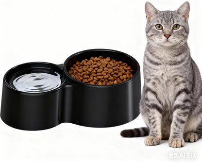 Ceramic Raised Cat Bowls, Tilted Elevated Anti Vomit Bowls for Indoor Cats, Non-Slip Bottom, Dual Food & Water Black Bowl, Whisker Friendly Pet Feeder for Cats Puppies