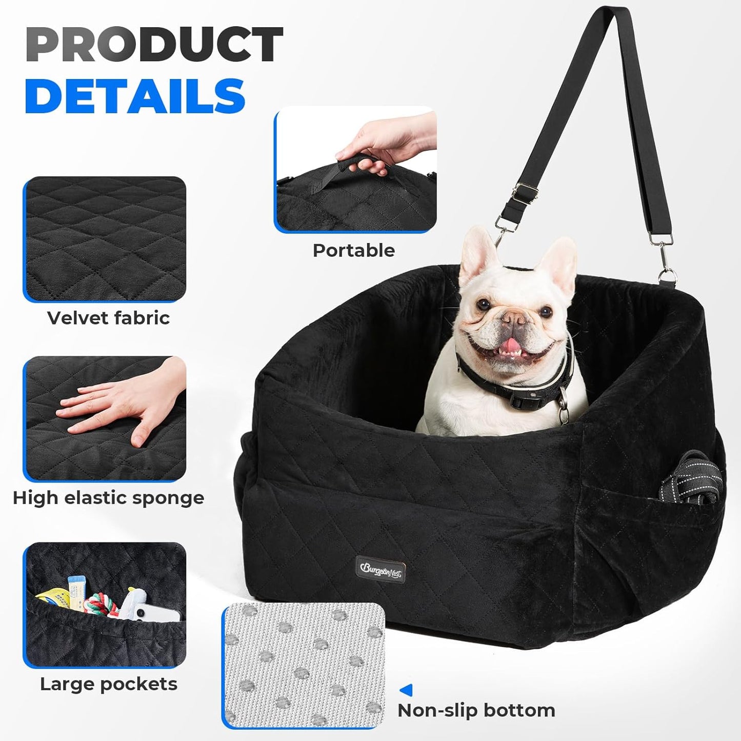 Dog Car Seat for Small Dogs, Washable Dog Car Bed Under 30lbs, Pet Booster Seat Travel Carseats with Reinforced Safety Straps,Clip-on Leash and Storage Pockets