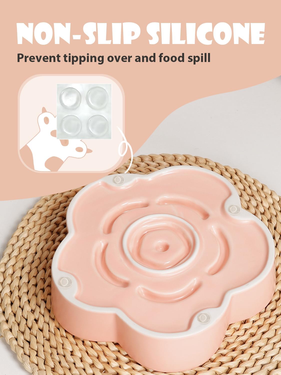 Ceramic Slow Feeder Dog Bowl, Anti-Choking Slow Food Bowls, 8" 11.3oz Slow Feeder for Medium, Large Breeds, Plum Puzzle Design, Non-Slip Silicone, Dishwasher and Microwave Safe, Pink