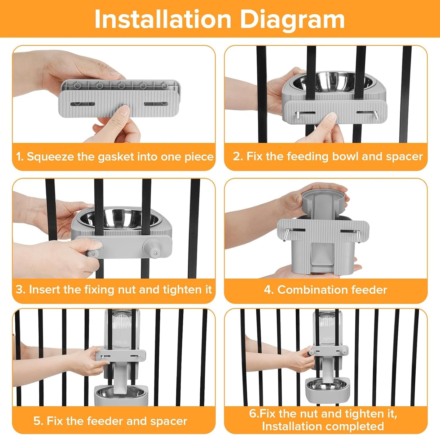 Kenond 55oz Hanging Automatic Rabbit Feeder, 1.6L Large Capacity Gravity Food Dispenser with Stainless Steel Bowl,for Dog, Cat, Ferret & Medium-Small Animals,Fits Widemouth Cages& Wire Cages & Crates