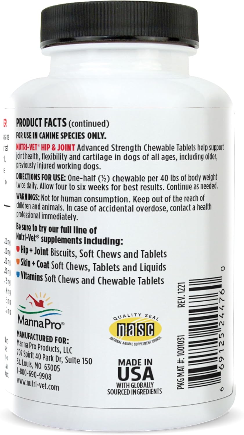Nutri-Vet Hip & Joint Advanced Strength Dog Joint Supplement, Dog Glucosamine, Pet Supplements, Formulated with Glucosamine Chondroitin and MSM, Pet Supplies, Puppy Essentials, 90 Count