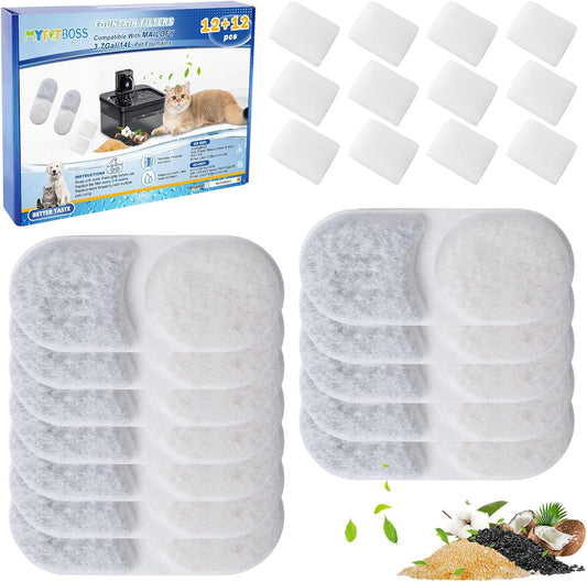 12+12PCS Large Dog Water Fountain Filter Compatible with MAILOFY 14L/3.7Gal Filtered Water Bowl for Large Dogs, Activated Carbon & Sponges for Stainless Steel Dog Fountain Water Bowl