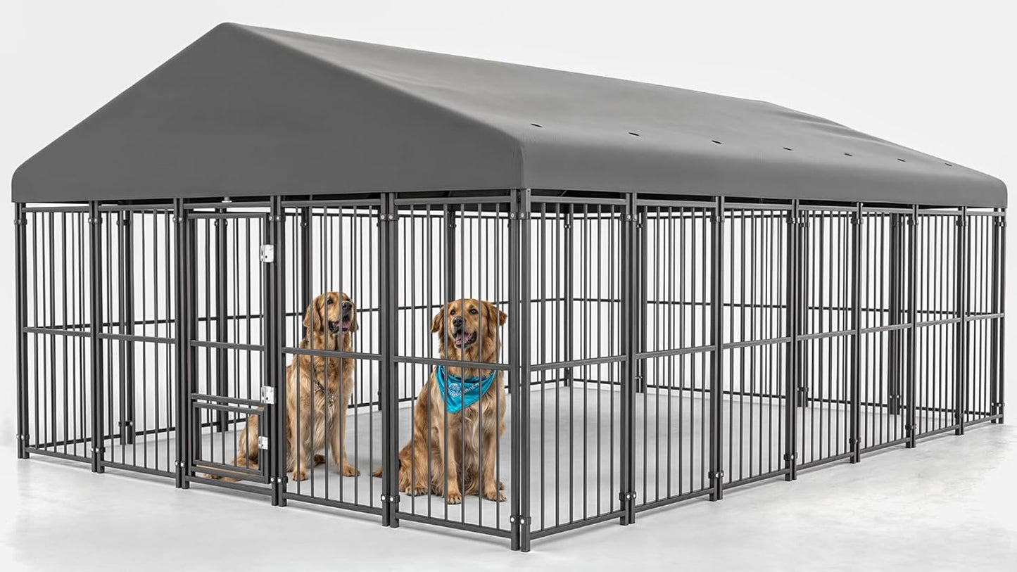 10x14FT Outdoor Dog Kennel, Heavy Duty Dog Run Enclosure with Feeding Door, Large Outside Dog Kennel with Roof & Double Locks for Pets House
