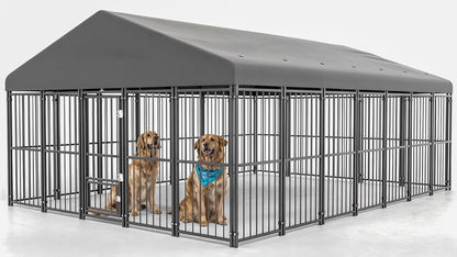 10x14FT Outdoor Dog Kennel, Heavy Duty Dog Run Enclosure with Feeding Door, Large Outside Dog Kennel with Roof & Double Locks for Pets House