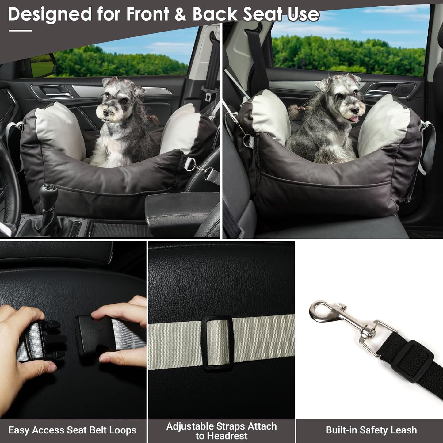 Leath-Aire Dog Car Seat, Scratch Resistant, Waterproof Booster Seat with Storage Pockets and Clip-On Safety Leash, Portable Dog Travel Carrier Bed up to 25lbs (Black/Grey)