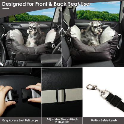 Leath-Aire Dog Car Seat, Scratch Resistant, Waterproof Booster Seat with Storage Pockets and Clip-On Safety Leash, Portable Dog Travel Carrier Bed up to 25lbs (Black/Grey)