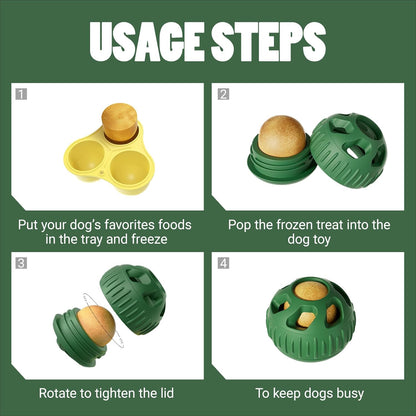 2PC Interactive Dog Toys, Durable Silicone Chew Toy for Aggressive Chewers,Interactive Frozen Dog Treat Toy with Ice Tray， Slow Feeder & Puzzle Enrichment Ball for Small Medium Dogs (Green)