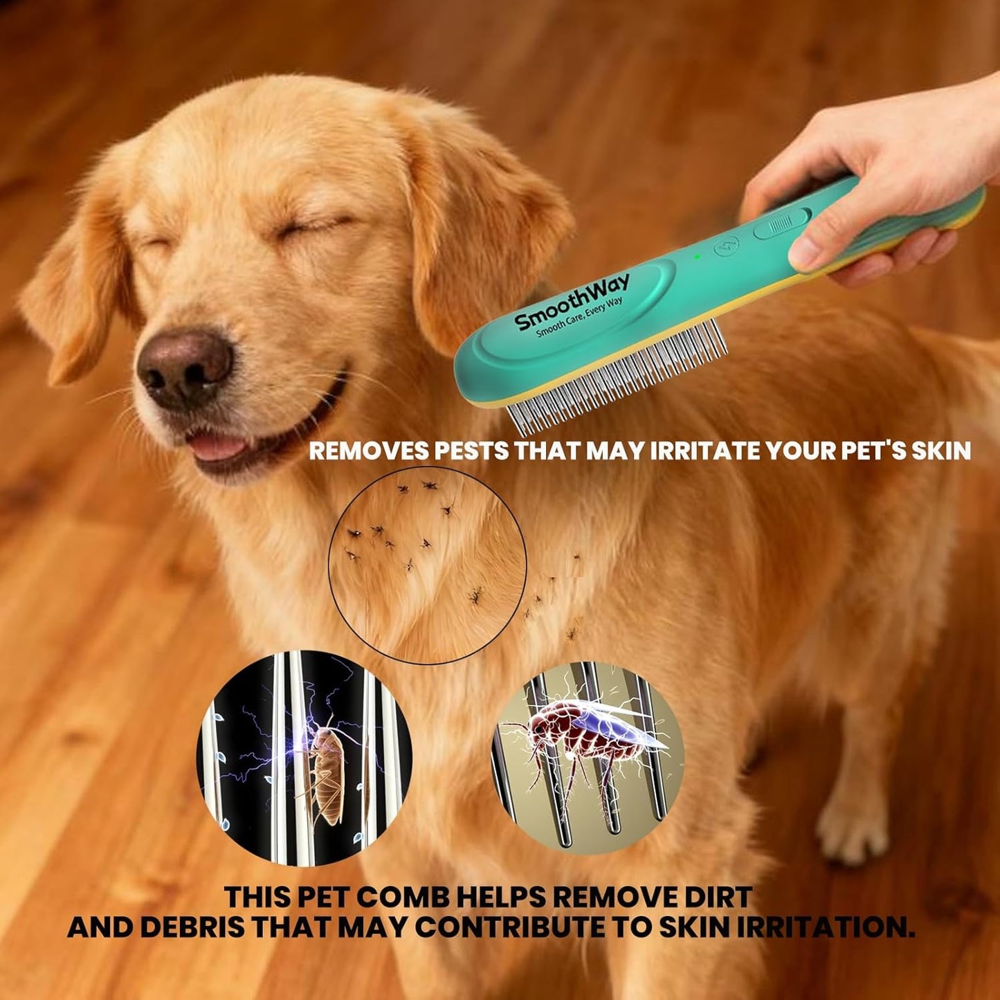 Professional Flea Comb for Long Haired Dogs & Cats - 3-Row Stainless Steel Dematting Tool with Negative Ions | Detangling Comb for Poodles Includes Cleaning Brush