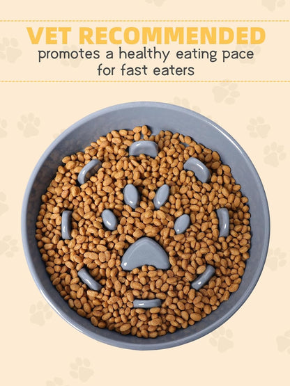 Dog Slow Feeder Bowl, Round Ceramic Pet Food Bowl for Medium Breed, Fun Raised Dog Bowls to Slow Down Eating (Grey, M-1.3 Cups)