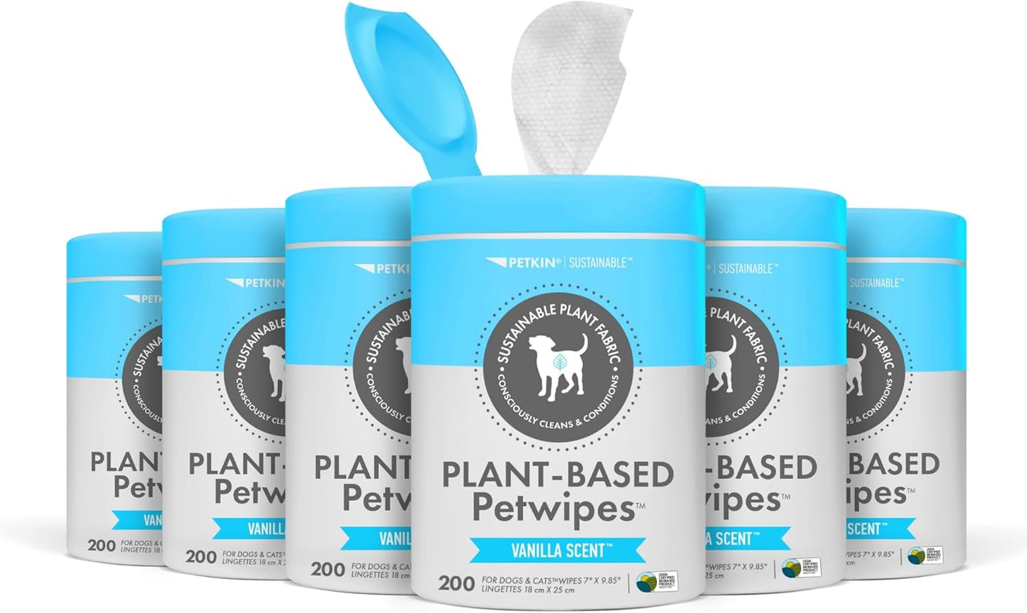 Petkin Plant-Based PetWipes, 200 Wipes, 6 Count - Biobased, Sustainable, Big & Thick Pet Wipes for Dogs & Cats - for Face, Paws, Ears, Body & Eye Area - Consciously Cleans & Conditions - Vanilla